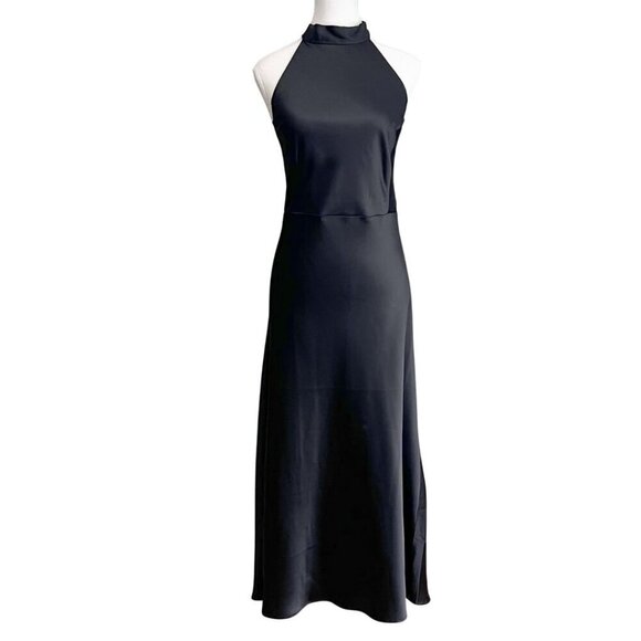 NWT JOIE BLACK SATIN HALTER OPEN BACK LONG EVENING DRESS - XL - Picture 2 of 12